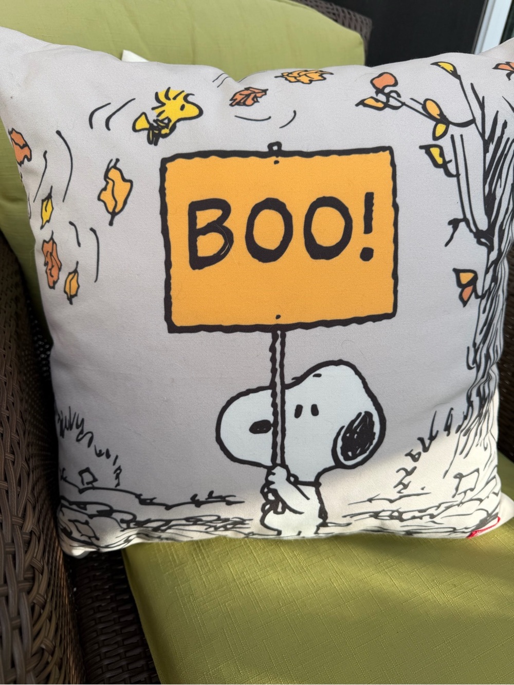 Pair of Pottery Barn Snoopy Halloween 'BOO!' Accent Pillows